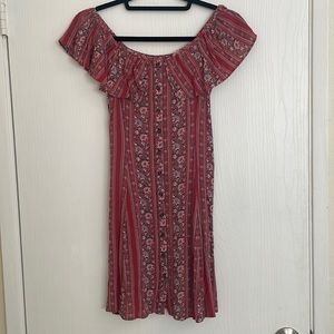 American Eagle off the shoulder mini dress with buttons and ruffle at top